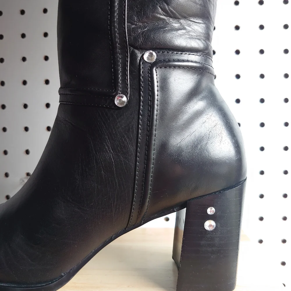 Westies Chunky Heel Block Leather, Fur And Rivet Rhinestone Winter Boots Black - Picture 10 of 14